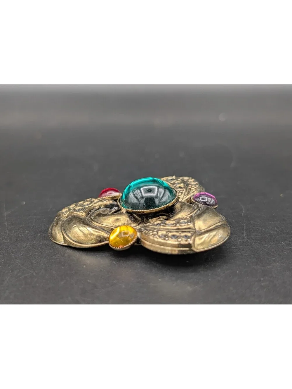 Vintage Art Deco Revival Brass Trefoil Brooch Emerald Red Yellow Glass Cabochon